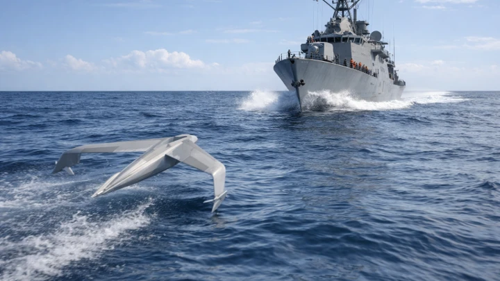 Pangea ground-effect craft operating alongside a naval vessel